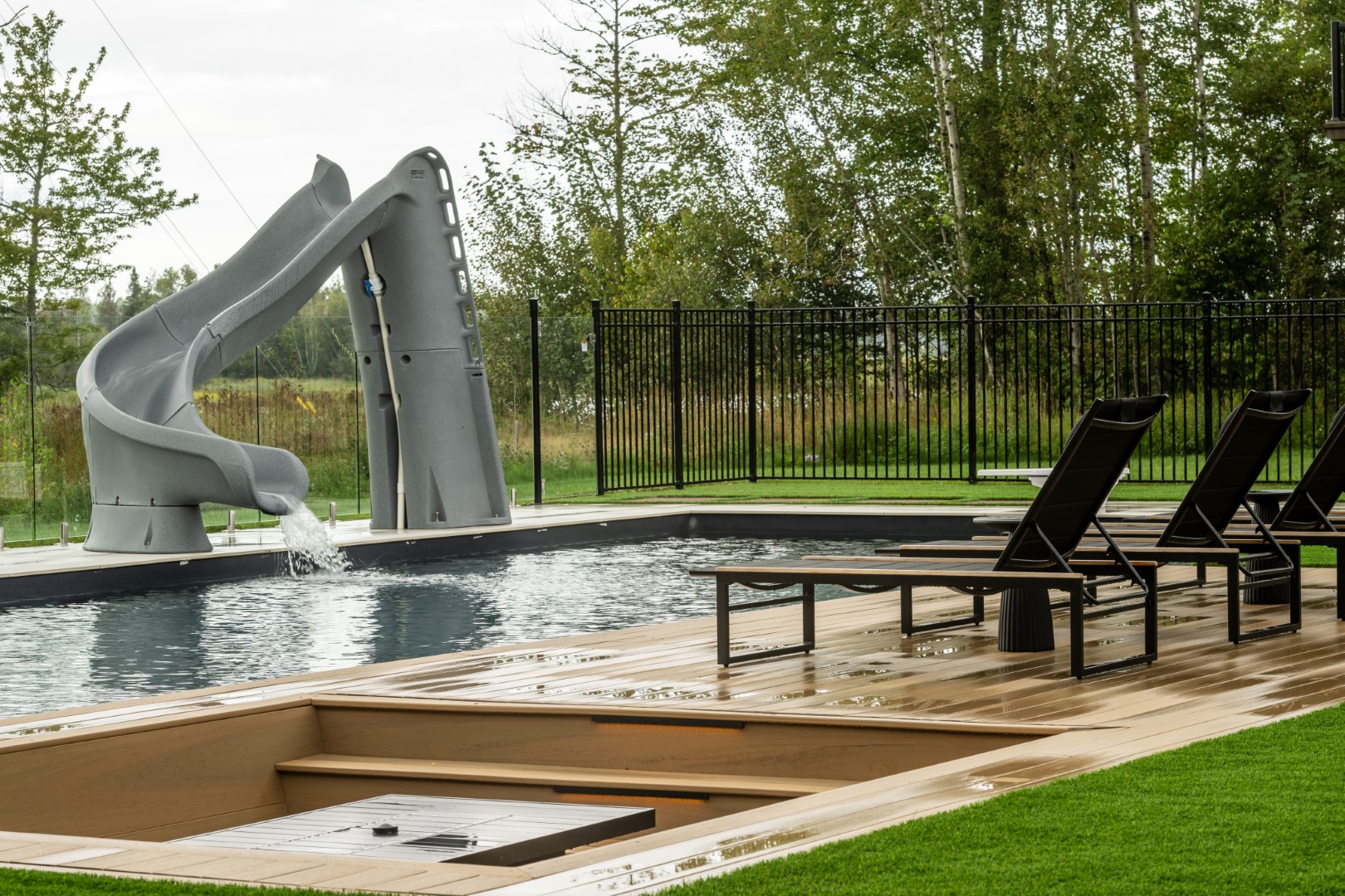 Sunken seating area by side of pool with loungers and slide for home in Lakeview