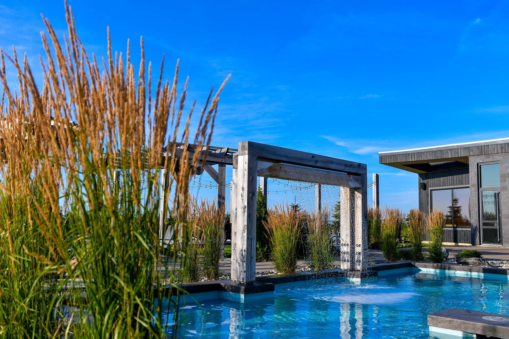 Luxury pool and cold plunge in full daylight